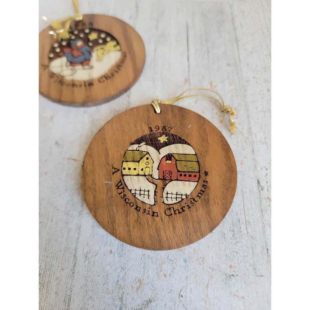 Wisconsin Christmas wooden set ornament Xmas house kids dog unique